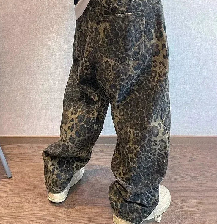 Leopard Print Denim Jeans - Men's Manipheste Pants Hip Hop Drip