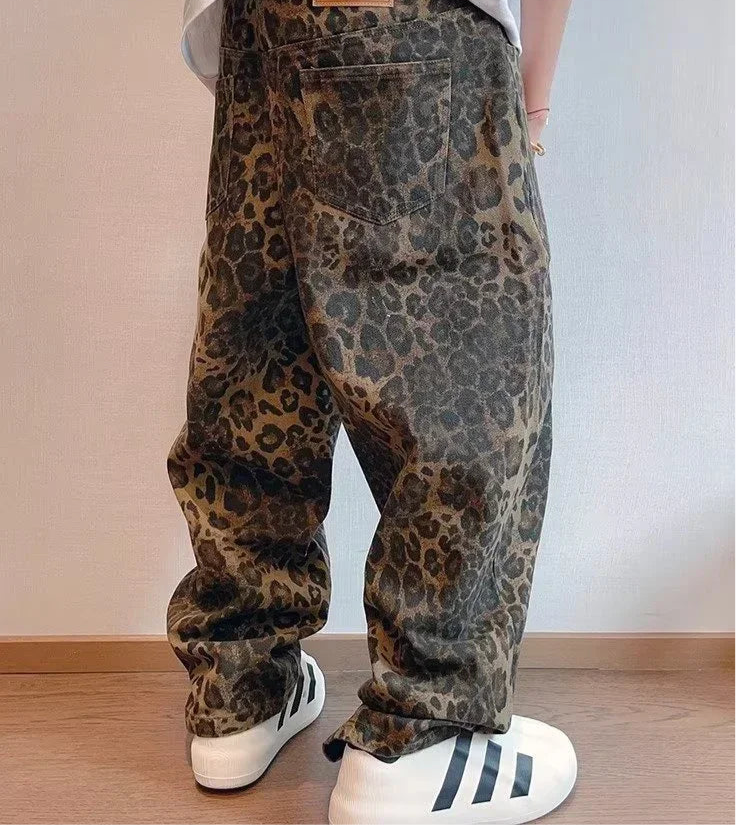 Leopard Print Denim Jeans - Men's Manipheste Pants Hip Hop Drip