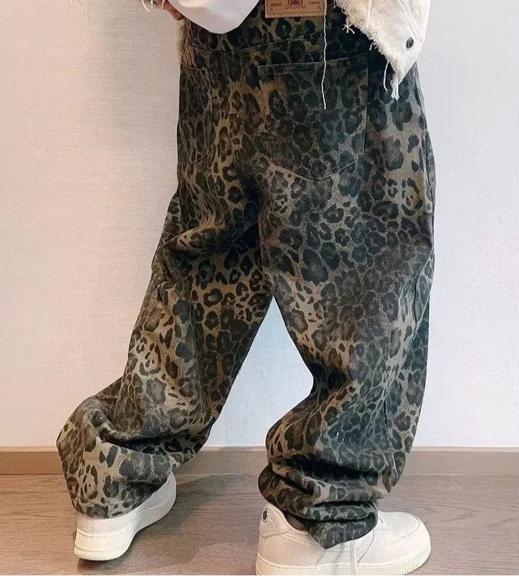 Leopard Print Denim Jeans - Men's Manipheste Pants Hip Hop Drip