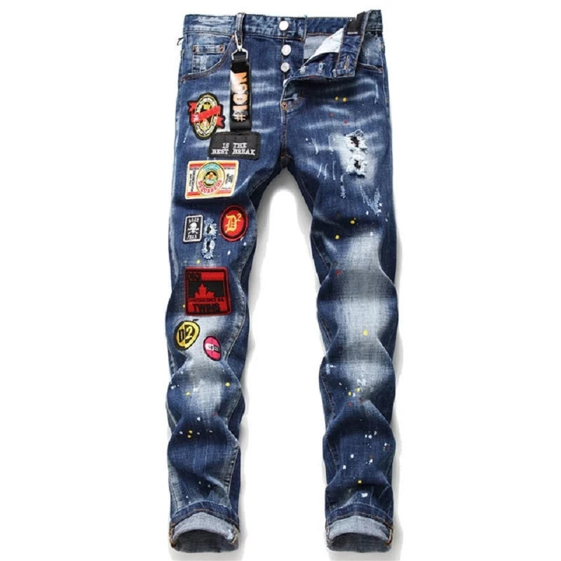 Drop - Blue Stylish Faded Premium Jeans w/ Torn hole and Badge Decor (Mens)