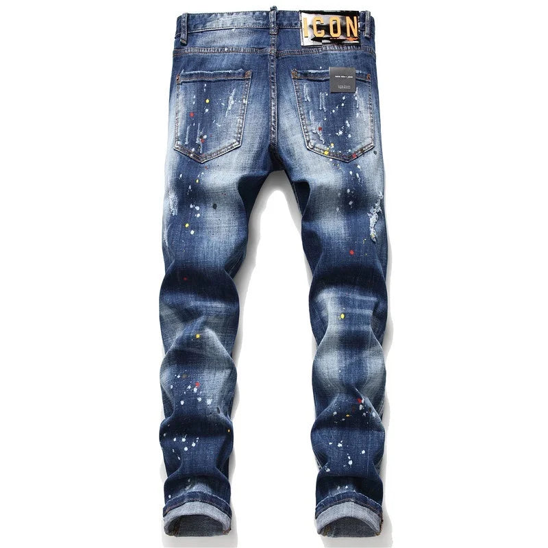 Drop - Blue Stylish Faded Premium Jeans w/ Torn hole and Badge Decor (Mens)