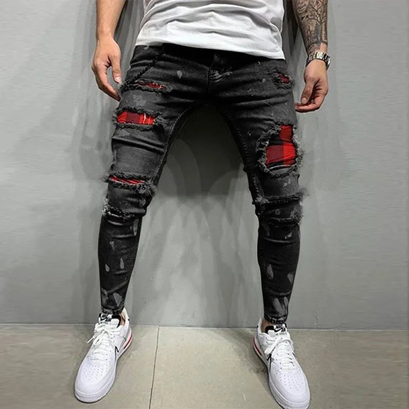 Beneath - Blue Stylish Skinny Faded Ripped Premium Jeans w/ Grid Hole and Patches (Mens)