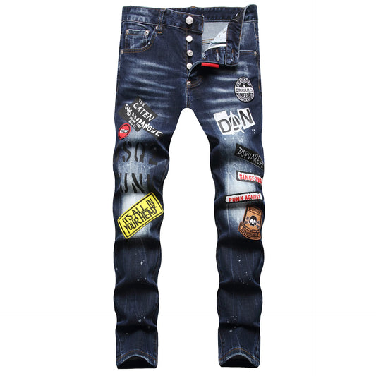 Tagged - Blue Stylish Faded Premium Jeans w/ Paint Splash and Badge Decor (Mens)