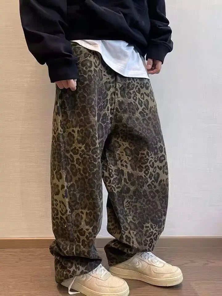 Leopard Print Denim Jeans - Men's Manipheste Pants Hip Hop Drip