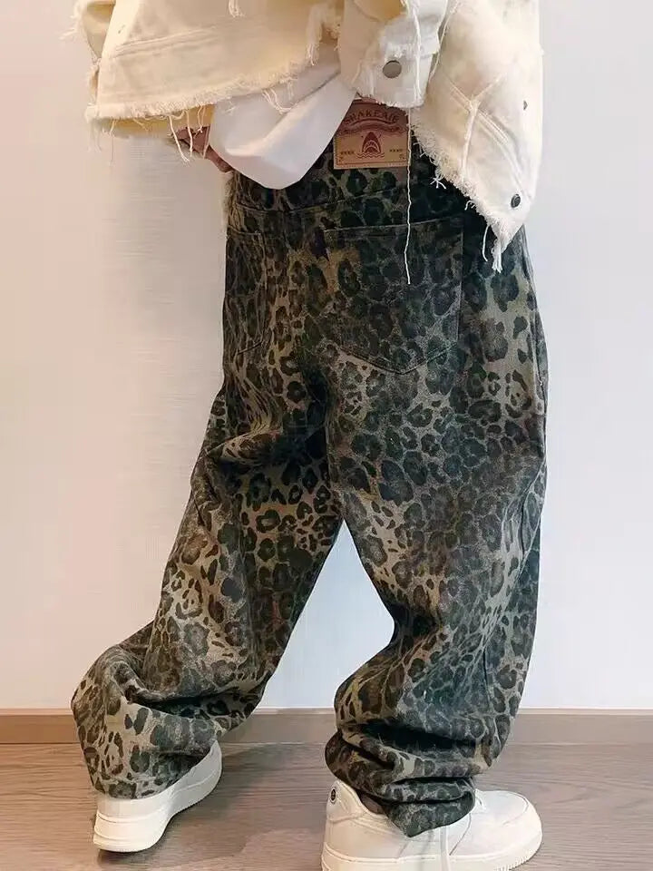 Leopard Print Denim Jeans - Men's Manipheste Pants Hip Hop Drip