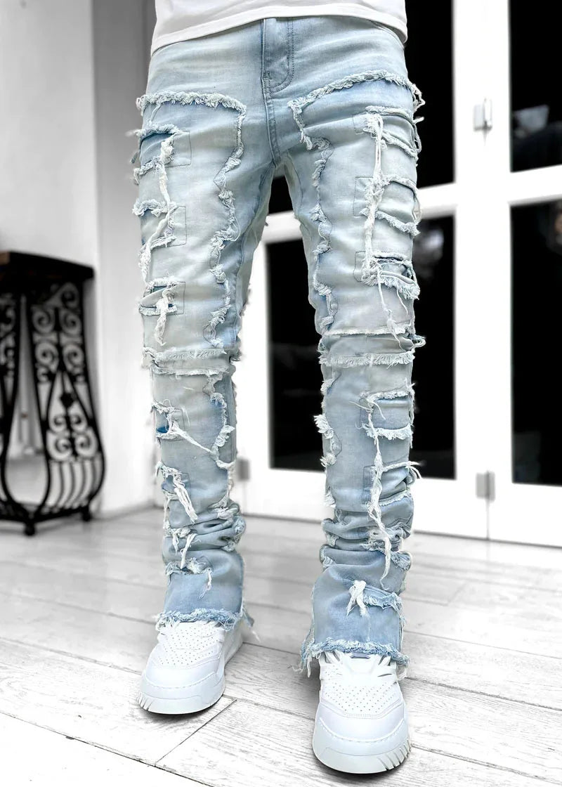 Evoque - Stylish Distressed Ripped Premium Jeans w/ Stacks (Mens)