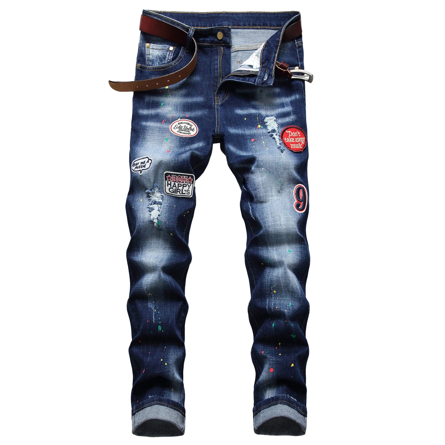 Badger - Blue Stylish Faded Premium Jeans w/ Torn hole and Badge Decor (Mens)