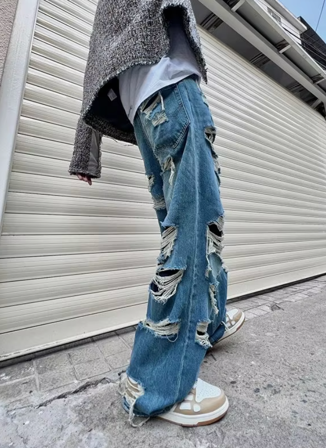 Retro - Blue Baggy Wide Leg Premium Jeans w/ Rips (Mens)